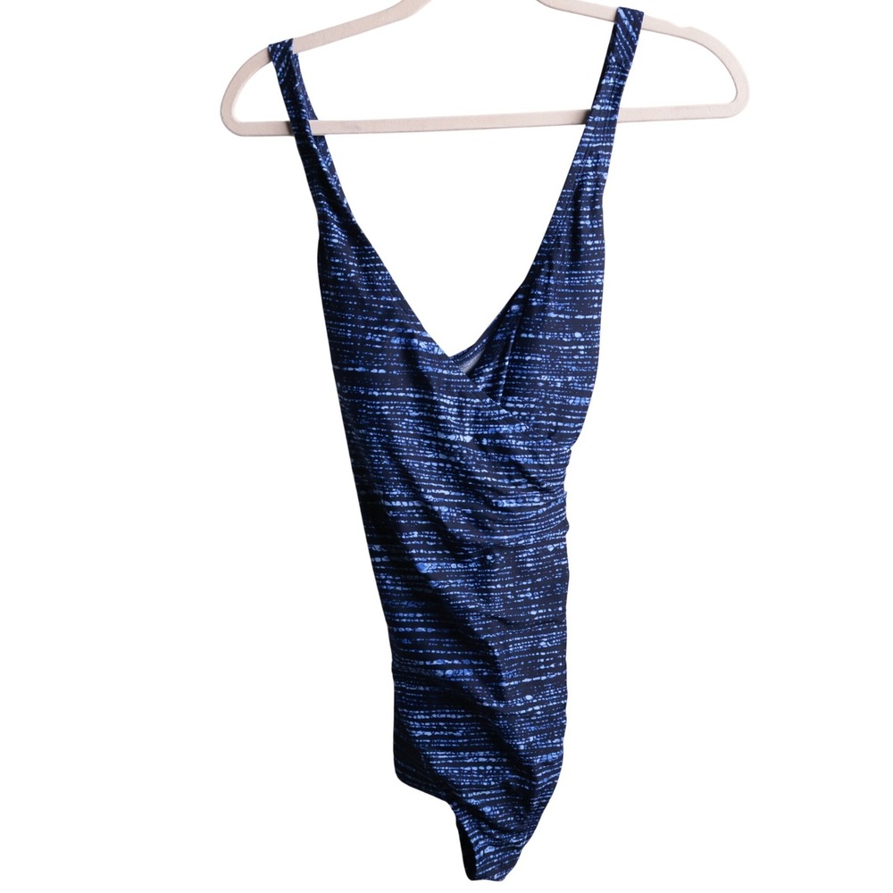 Speedo Womens Blue Abstract Print One Piece Swimsuit Size 12 Ruched 7225240